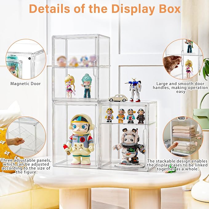 Acrylic Display Case for Collectibles, Clear Acrylic Display Box with 3 Adjustable Layers and Magnetic Door, Stackable Clear Storage Box/Bins for Figures,Lego, Book