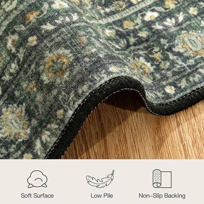 9x12 Area Rugs for Living Room, Green Washable Non-Slip Large Carpet | Soft Boho Area Rug for Bedroom Dining Room Home Office Indoor Nursery, Stain Resistant, Low Pile, Vintage Distressed Rug