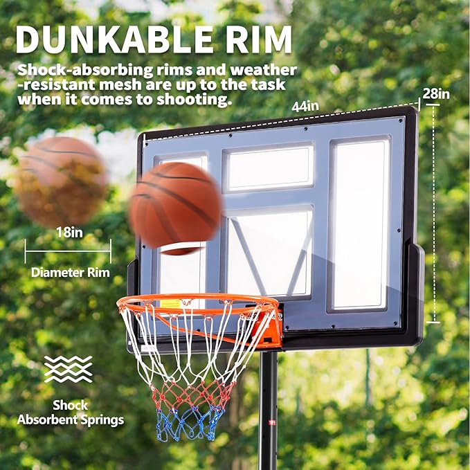 DUMOS 10FT Adjustable Height Portable Basketball Hoop Outdoor for Adult, 44 Inch Shatterproof Backboard w/Shock Absorbent Rim, Fillable Base, 2 Wheels for Swimming Pool/Indoor