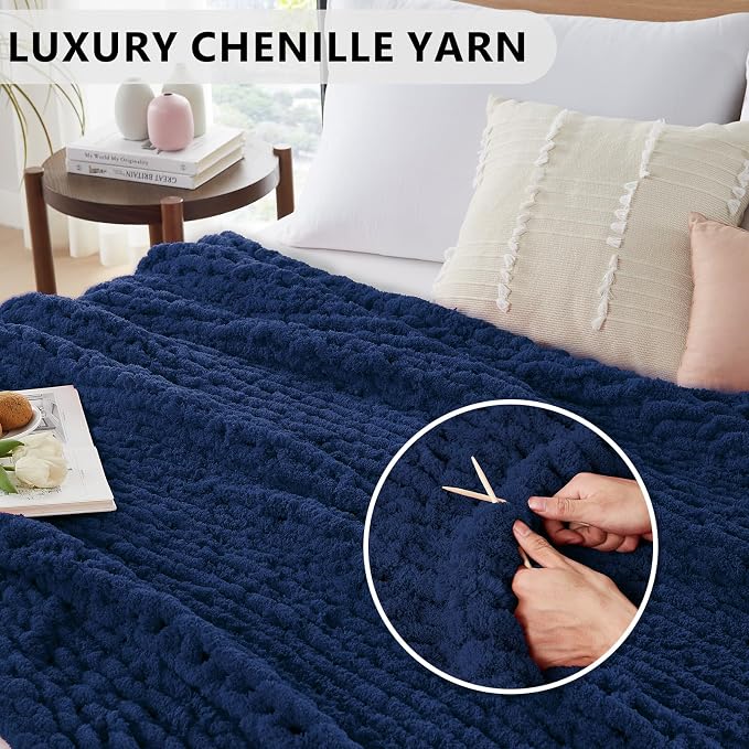 L'AGRATY Chunky Knit Throw Blanket for Couch, 80 x 90 Inches, Dark Blue | Handmade Chenille Crochet Blanket for Sofa Bed, Thick Cable Knitted Blankets for Room Home Decor, Birthday Gift for Women Mom