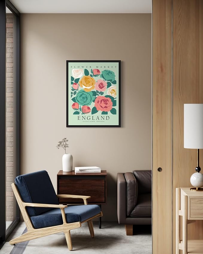 England, Tudor Rose Art Print Poster, Flower Market Wall Art, Floral Artwork Decor for Bedroom, Kitchen, Bathroom, Livingroom Decoration 52 (England, Tudor Rose, 20"L x 16"W, Black Frame)