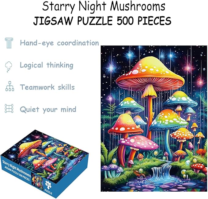Puzzles for Adults 500 Pieces, Mushroom Jigsaw Puzzles - Starry Night Mushrooms, Impossible Glow in The Dark Puzzle for Seniors Family, 14.96x20.47 inches, 1:1 Poster, Letter on The Back
