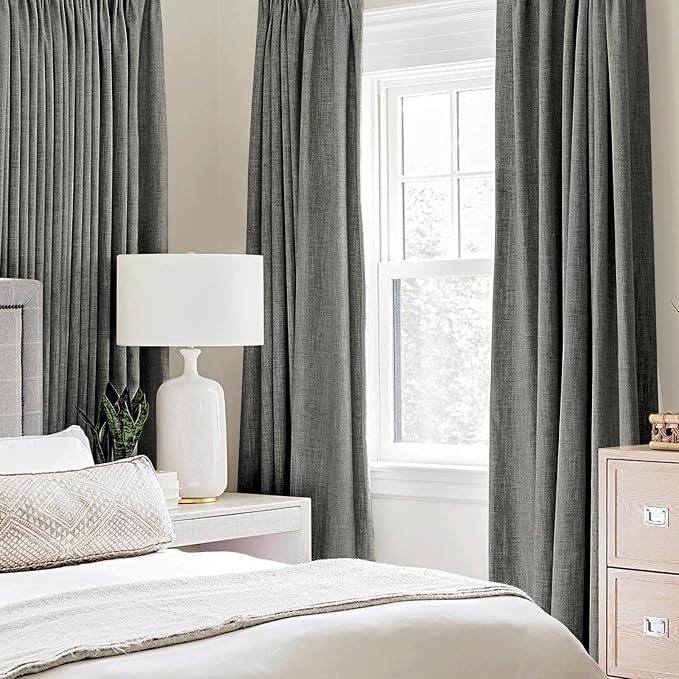 MIULEE Linen Texture Curtains for Bedroom Solid 100% Blackout Thermal Insulated Dark Grey Curtains Grommet Room Darkening Curtains/Draperies Luxury Decor for Living Room 52x84 Inch (2 Panels)