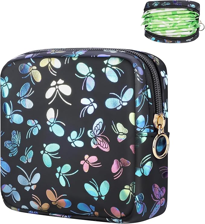 Likesing Period Bag Pouch, Leather Sanitary Napkin Storage Bag for Womens, Portable Sanitary Napkin Period Pad Pouch Bag for Purse, Small Make Up Bags(Black Butterflies)