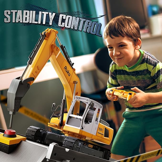 Ruko 1561 RC Excavator 3 in 1 Construction Toys for Boys, 17 Channel Remote Control Vehicles with Grab Alloy Shovel Drill, Realistic Lights & Sounds Digger Sandbox Gifts for 6-14 Years Kids Adults