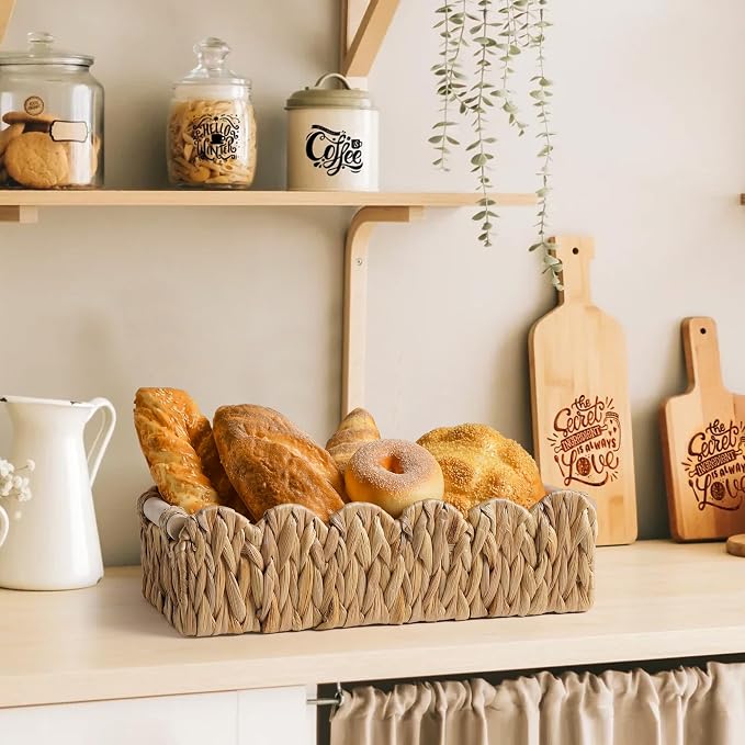 Bathroom Decor Basket for Toilet Paper Storage Baskets For Organizing | For Bedroom Living Room Kitchen Home Decor Scalloped Cute Basekt With Handle for Apartment Countertop,Natural