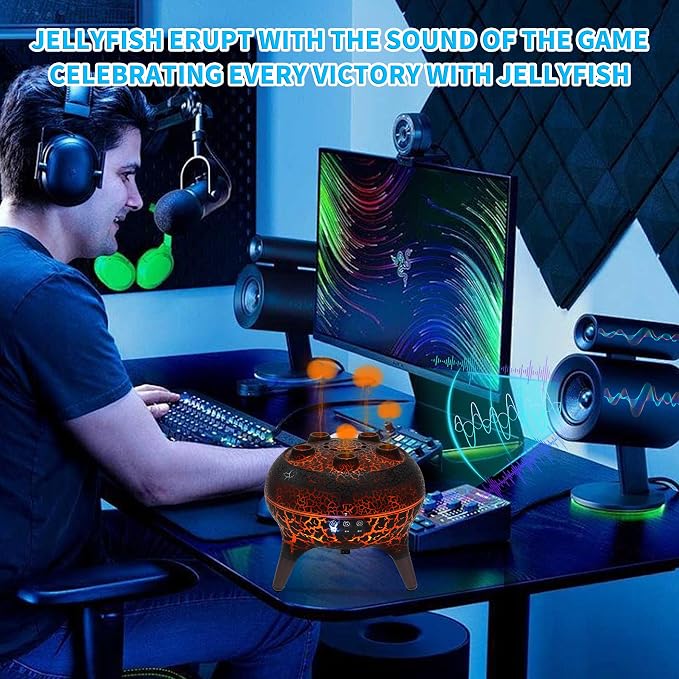KCKJ Jellyfish Essential Oil Diffuser Sound-Activated Spray Dancing Jellyfish,250ml Aroma Air Diffuser, 3 Mist Modes & 7 Color Lights, Volcanic Lava Design for Home Bedroom(Black Crack)