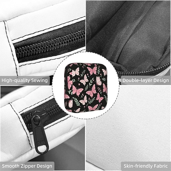 Butterfly Butterflies And Flowers Pink Period Bag For Women,Portable Sanitary Napkin Period Pad Pouch For Purse, Small Make Up Bags