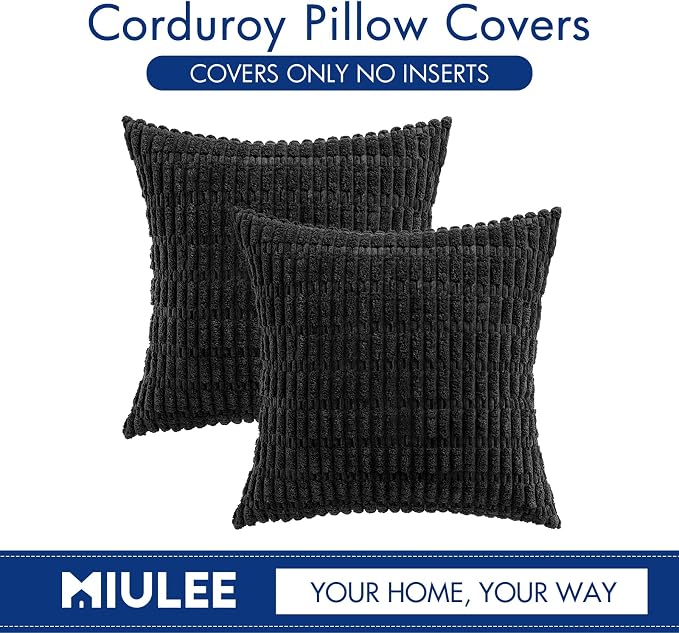 MIULEE Euro Sham Corduroy Decorative Throw Pillow Covers 24x24 Black | Pack of 2 Soft Boho Striped Pillow Covers Modern Farmhouse Home Decor For Sofa Living Room Couch Bed