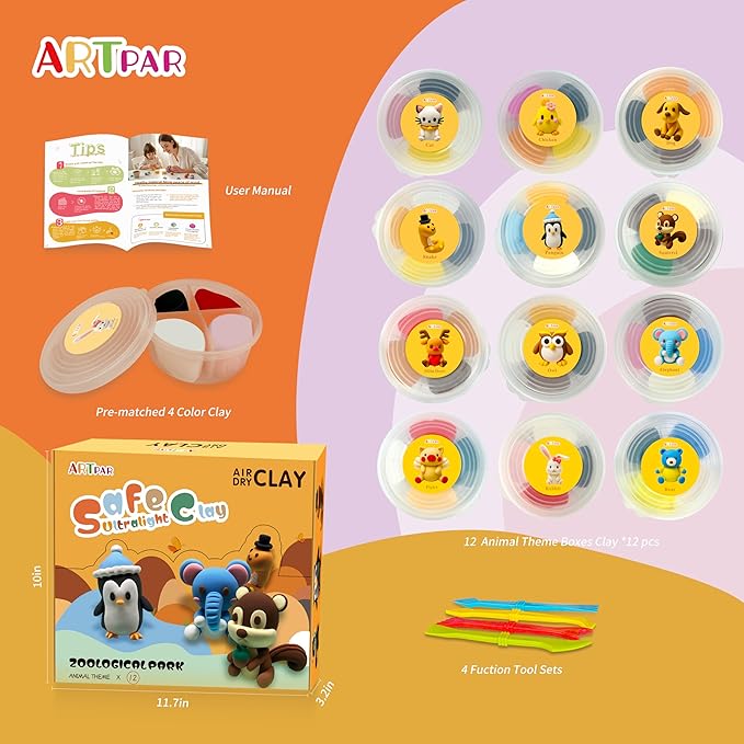 Air Dry Clay Kits for Kids-Modeling Magic Clay,12 Animals DIY Molding Clay Art Crafts Set,Ultra Light & Soft, Safe & Non-Stick with Sculpting Tools & Tutorials, Unique Gifts for Boys & Girls