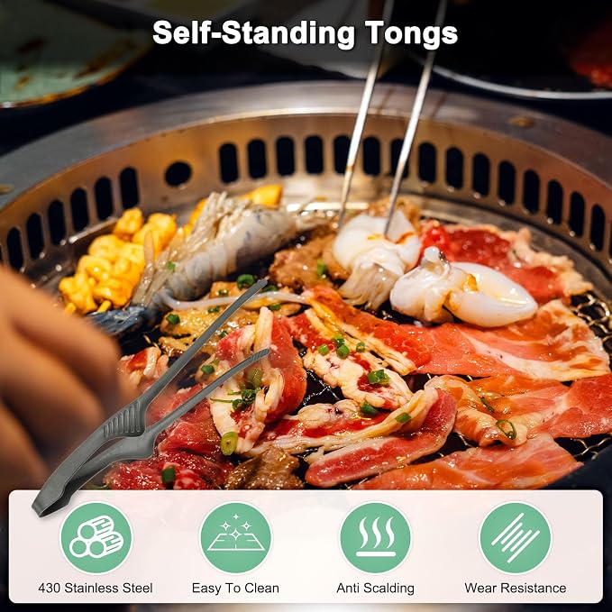 M METERXITY 5 Pcs Korean and Japanese BBQ Tongs 9.5 Inch Barbecue Tongs 430 Stainless Steel Kitchen Self-Standing Grill Non-Slip for Grill/Salad/Camping/Cooking [Black]
