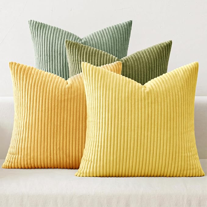 MIULEE Soft Corduroy Decorative Throw Pillow Covers Yellow Green 20x20 | Set of 4, Mordern Nordic Decor, Lime Lemon Green Set, Boho Farmhouse Cushion Covers for Couch Bed Sofa Living Room