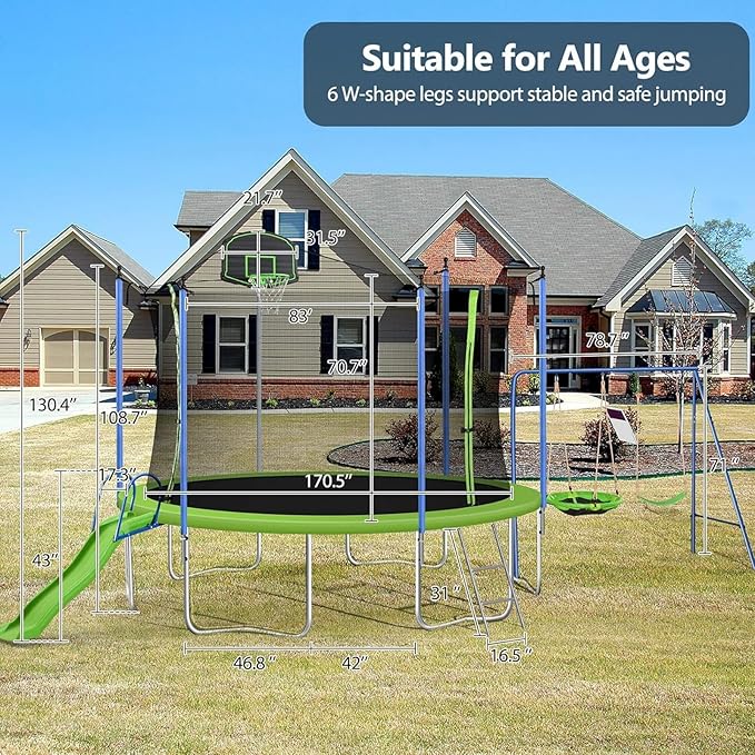 Lyromix 12-14FT Trampoline With Slide, Swings, Basketball Hoop and Ladder - ASTM Approved Outdoor Backyard Recreational Equipment With Net, Capacity for 5-7 Kids and Adults