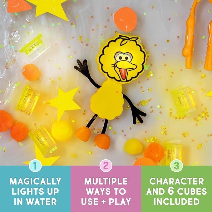 Glo Pals x Sesame Street Water-Activated Bath Toy with 6 Reusable Light-Up Cubes for Sensory Play (Big Bird, Cubes with Character)