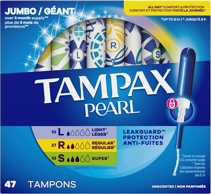 Tampax Pearl Tampons for Women Multipack, with LeakGuard Braid, Light/Regular/Super Absorbency, Unscented, 47 Count