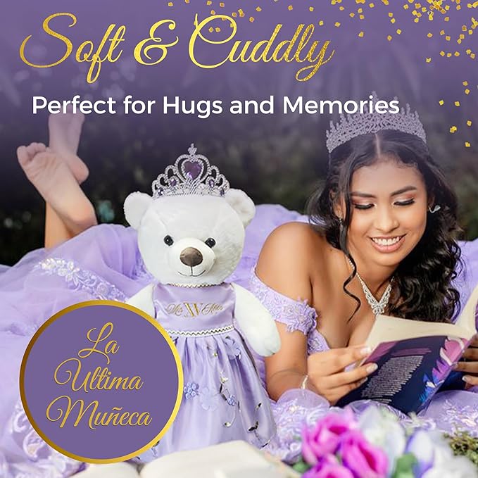 Quinceañera Teddy Bear 18-inches with Dress for 15th Birthday, Quince Bear with Matching Crown, Ideal Keepsake for 15th Birthday, Mis XV Años - Purple
