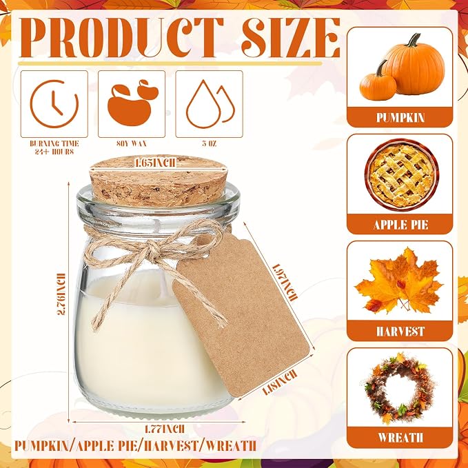 MTLEE 24 Pcs Fall Jar Candles Holiday Candle Gifts Natural Wax Jar with DIY Tag Cards Gift for Halloween Party Favor Home Supply Decor, Scents of Fall Wreath/Pumpkin/Apple/Comfort