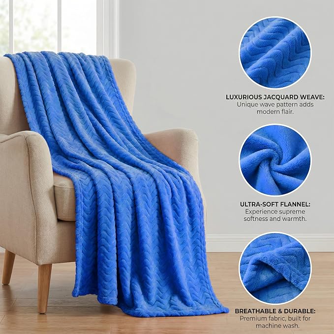 Exclusivo Mezcla Large Fleece Throw Blanket for Couch, Sofa, Cobalt Blue | 50"x70" Soft Breathable Lightweight Flannel Throws for Summer, Plush Cozy Jacquard Wave Blanket for Home Decor
