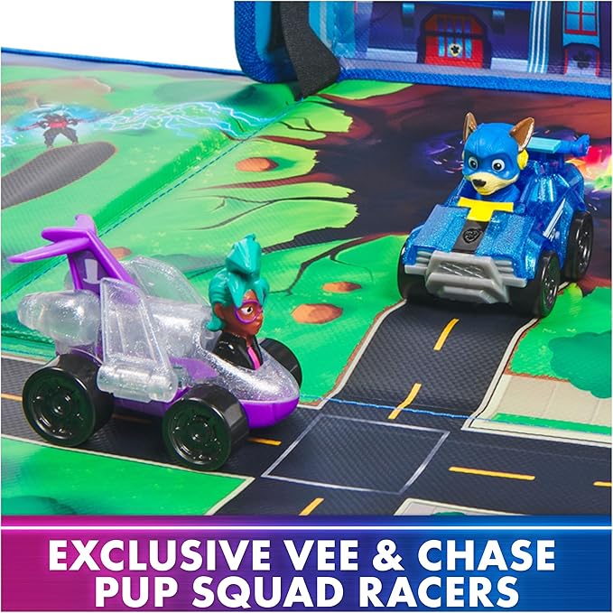 Paw Patrol: The Mighty Movie, Pup Squad Play Mat Gift Pack with Mighty Pups Chase & Vee Pup Squad Racer Toy Cars, Kids Toys for Boys & Girls Ages 3+