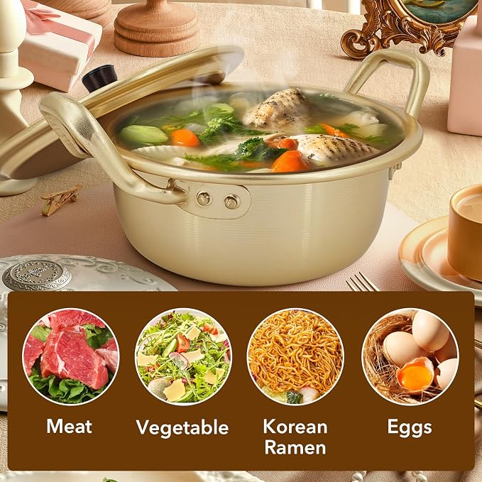 Korean Ramen Pot with Lid - Light Weight Ramen Cooker Pot, Korean Cookware Noodle Pot Fast Heating for Kitchen Cookware, Easy Light Stockpot Soup Pot, Healthy, Sturdy, & Dishwasher Safe (16cm)