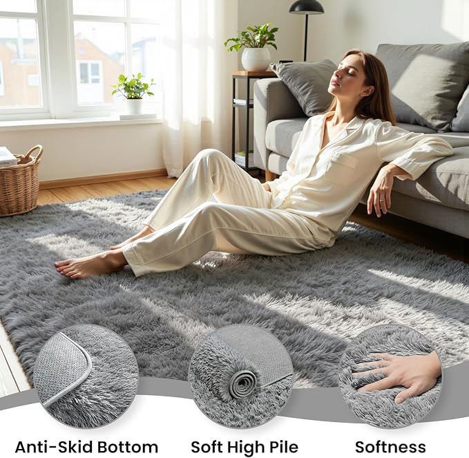 5x8 Area Rug for Living Room, Ultra Soft Fluffy Light Grey Rugs for Bedroom, Non Slip Large Shag Carpet, Fuzzy Plush Nursery Rug, Thick Washable Indoor Floor Carpets for Kids Office Dorm Home Decor