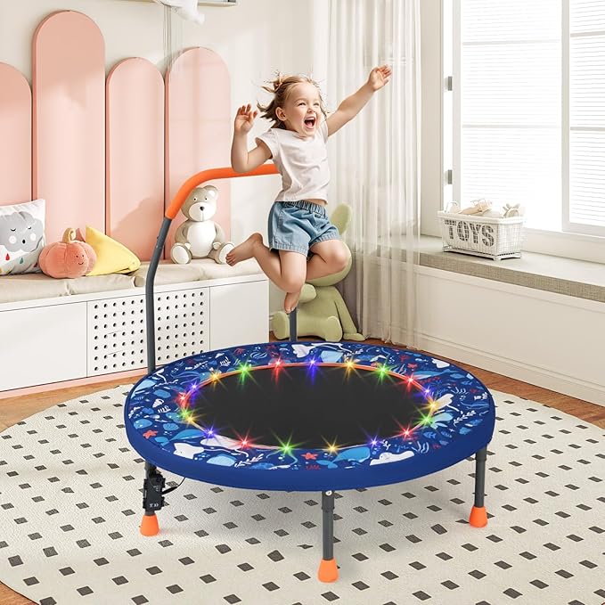 GYMAX 36” Toddler Trampoline with Lights, Folding Springless ASTM Approved Small Kids Rebounder with Foam Handle, Safety Padded Cover & Foldable Legs, Mini Indoor Baby Trampolines