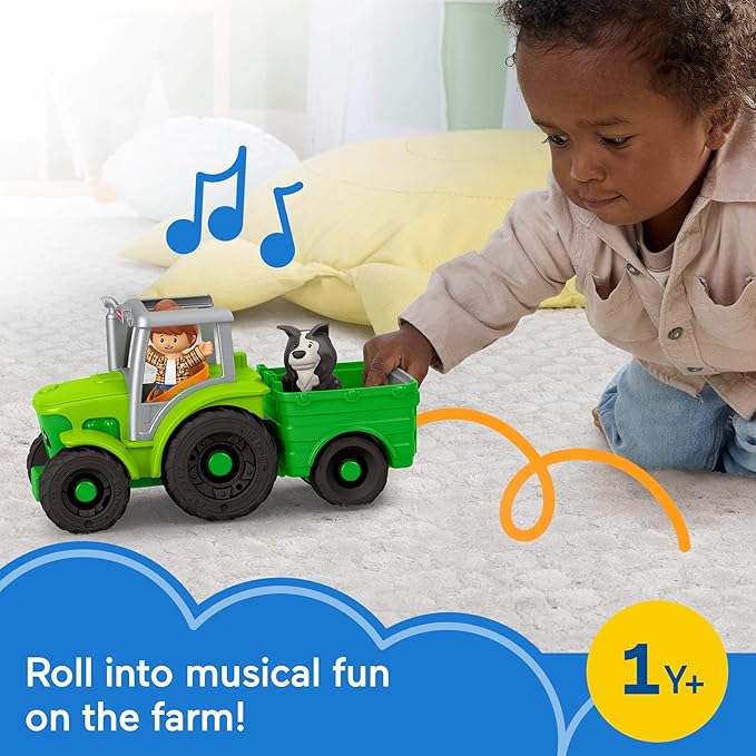 Fisher-Price Little People Toddler Toy Push & Play Tractor Push-Along Musical Farm Vehicle with 2 Figures for Pretend Play Kids Ages 1+ Years, Multilanguage Version