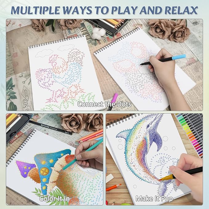 Dot-to-Dot Books for Adults: 30 Easy Dot to Dot Patterns for Stress Relief - Flow Art Dot Book, Spiral Bound, Single-Sided Print, Dots Art Gift for Women
