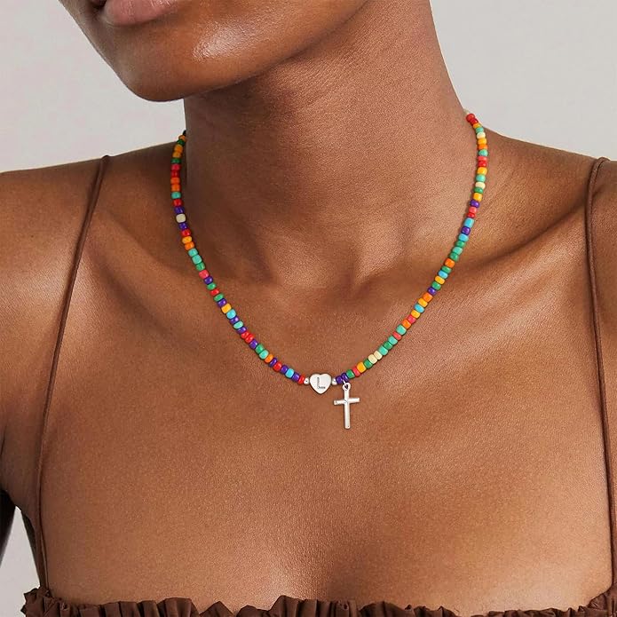 Colorful Initial Necklaces for Girls Women Kids - Teen Girls Gifts Trendy Cross Cross Beaded Initial Necklace Dainty Letter Gifts Choker Necklace for Girl Jewelry