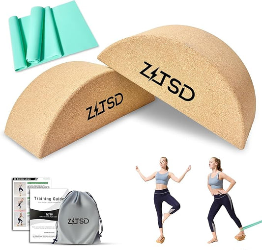 Half Moon Cork Yoga Blocks, 2 Pack Balance Trainer | Half Moon Cork Blocks For Balance Work | Foot Placement Drills | Ankle Mobility and Calf Stretching | Bag and Guide Included