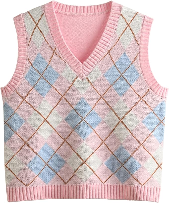 Women's Sweater Vest,Y2K Sleeveless Pattern Preppy Style Knitted Crop Tank Top for Girl