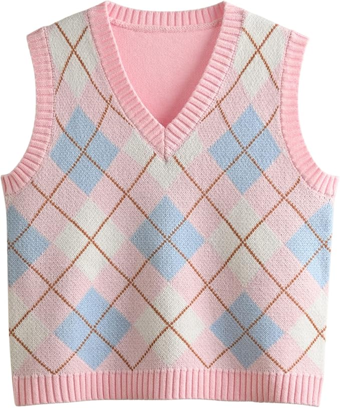 Women's Sweater Vest,Y2K Sleeveless Pattern Preppy Style Knitted Crop Tank Top for Girl