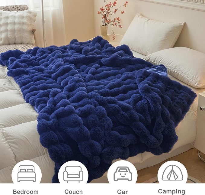 LIFEREVO Luxury Fluffy Faux Rabbit Fur Throw Blanket 60x80, Navy Blue | Plush Fuzzy Bubble Lap Throw for Couch Sofa Office, Soft Cozy Royal Furry Bed Blanket Home Decor, Washable & Skin-friendly