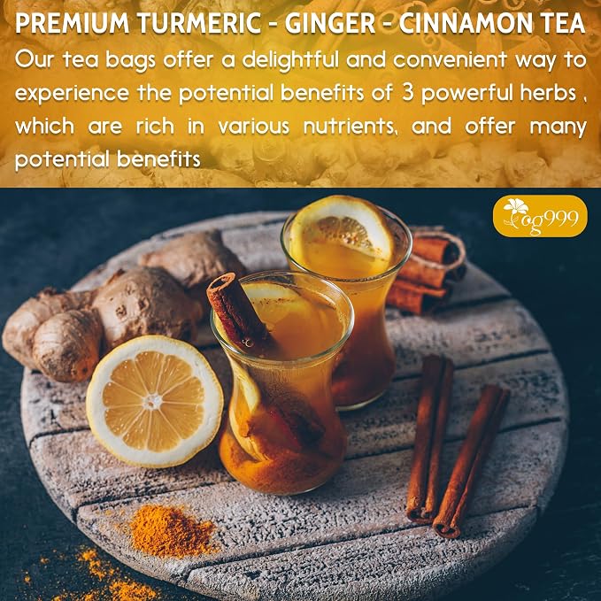 TOG999, Premium 15 Tea Bags Turmeric, Ginger, Cinnamon, 100% Natural, Hand-made Blend of Turmeric, Ginger, and Cinnamon Herbal Tea. Eco-conscious Tea Bags. No Sugar, No Caffeine, No Gluten, Vegan.