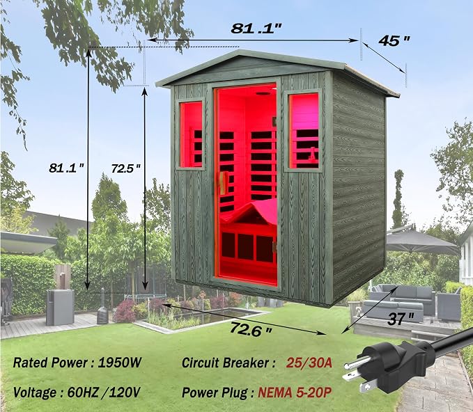 LTCCDSS Ultra-Low EMF Outdoor Sauna 3-Person, Full Spectrum Carbonized Composite Wood Far Infrared Sauna for Home, Near&Mid-IR Light, EMF 0.1-1mG, 81.1 * 45 * 83.5 Inch