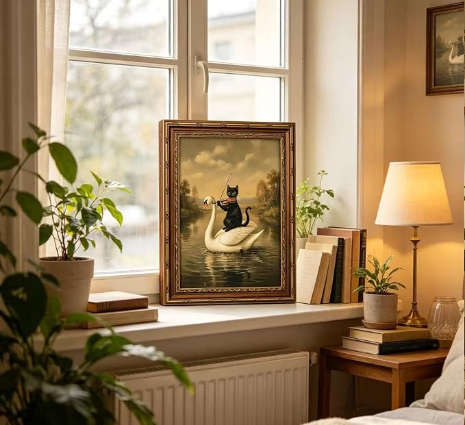 Vintage Gold Framed Black Cat Wall Art,Dark Academia Swan Painting Canvas Print,Moody Cottagecore Cute Animal Wall Decor, Rustic Farmhouse Animal Poster Artwork for Living Room Bedroom Bathroom