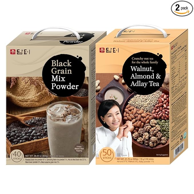Damtuh Korean Grain Drink Mix Bundle – Black Grain Misugaru Powder + Walnut Almond Adlay Tea Powder (Job’s Tears/Yulmu), Latte-Style Drink, Caffeine-Free 18g x 50 / 20g x 40 Stick Packs