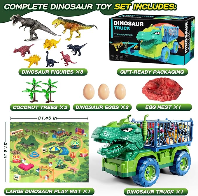 Dinosaur Cars Truck Toys for Kids 3-5 with 8 Dinosaur Figures, Activity Play Mat, Dinosaur Egg, Trees, Jurassic Play Set for Boys and Girls Ages 5-7