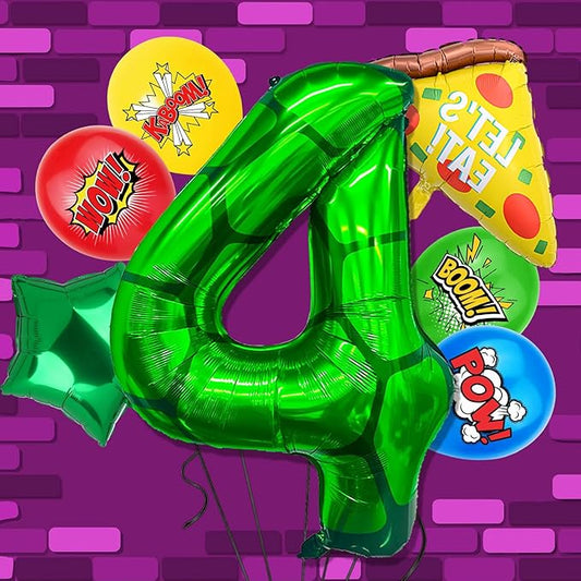 7Pcs Cartoon Turtle Theme Birthday Decorations 40 Inch Number 4 Foil Balloons Super Green Turtle Themed Hero Large Mylar 4th Number Balloon Video Game Pizza Balloon Party Favors Red