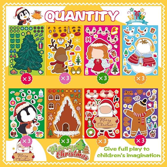 24 Sheets Christmas Stickers for Kids Make Your Own Christmas Characters Mix and Match Sticker, Make a Face Stickers Christmas Gift Stickers for Crafts Xmas Holiday Stickers Christmas Party Favor