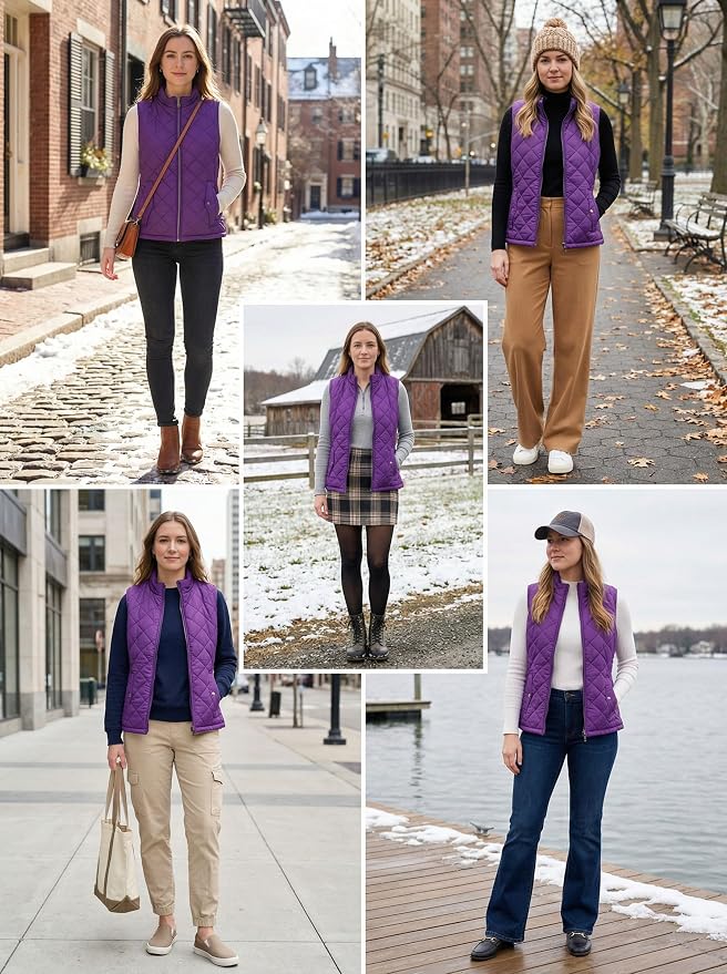 Fuinloth Women's Quilted Vest Lightweight Puffer Stand Collar Zip Gilet | 4 pockets with 2 inner storage. Quilted padded warm gilet. Fall winter outerwear layering vest for travel hiking daily wear.