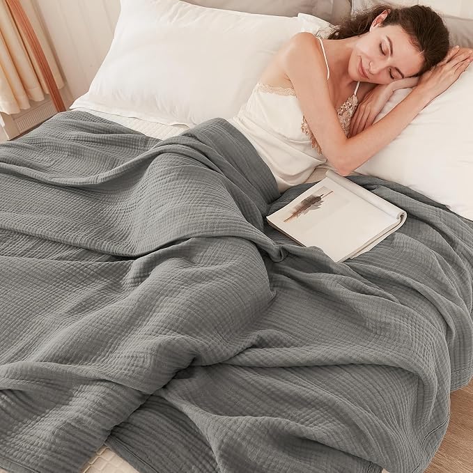 EMME Muslin Blankets for Adults Throw Blanket for Couch Breathable Gauze Soft Lightweight Airy Grey Twin 60" x 80"