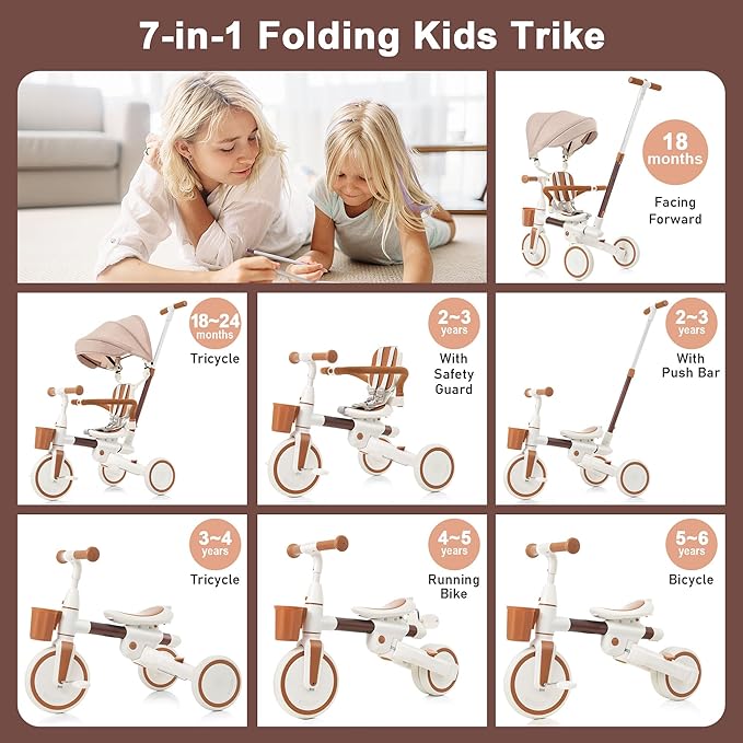 Kids Tricycle with Adjustable Pedals, Removable Canopy & Cup Holder Safe, Portable Toddler Bike