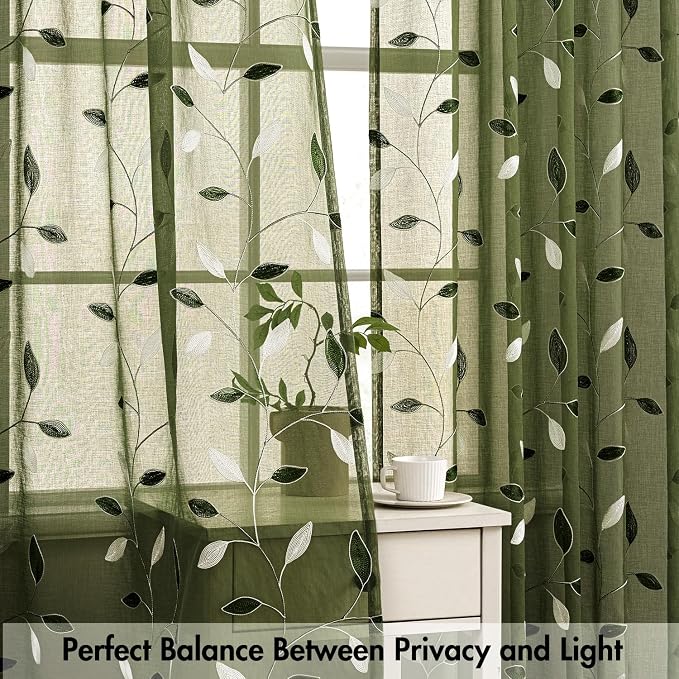 MIULEE Olive Green Sheer Curtains 2 Panels Embroidered Leaf Patterned Rod Pocket Floral Semi Faux Linen Window Curtains Drapes Set for Living Room Bedroom Dining Room, 52x63 Inches Long