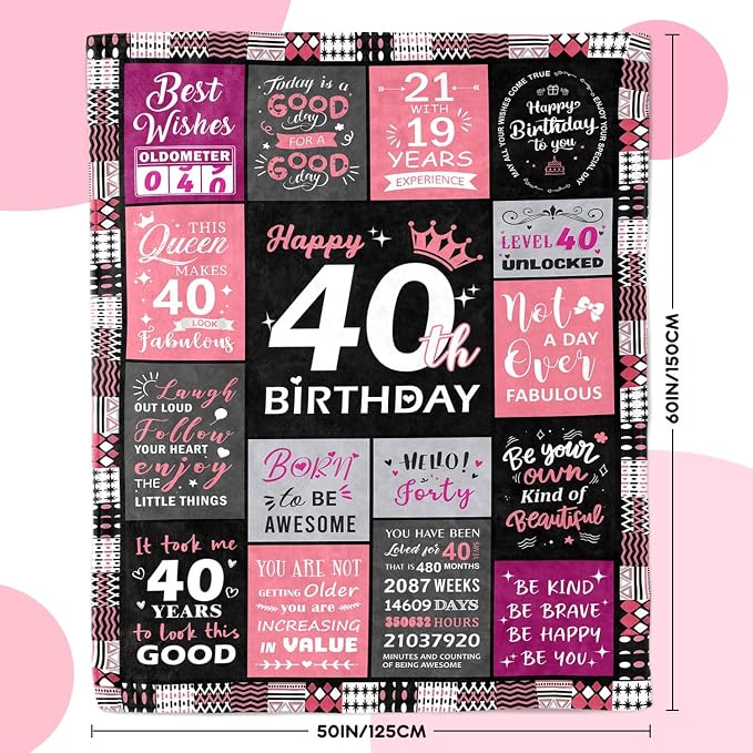Sruemiul 40th Birthday Gifts Women, Happy 40th Birthday Blanket 50" x 60" | 40th Birthday Decorations for Women, 40 Year Old Birthday Gifts for Women, 1986 40Th Birthday Gift for Her, Daughter, Friend