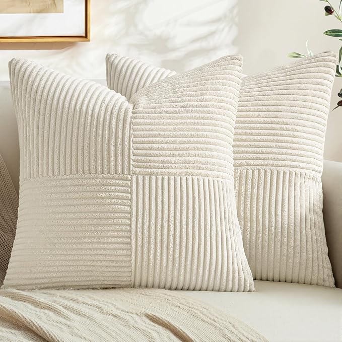 MIULEE Cream White Decorative Throw Pillow Covers for Couch 20x20 Inch | 2 Pack, Beige Neutral Boho Farmhouse Pillow Covers, Soft Cross Corduroy Patchwork Textured Cushion Cases For Bed Sofa