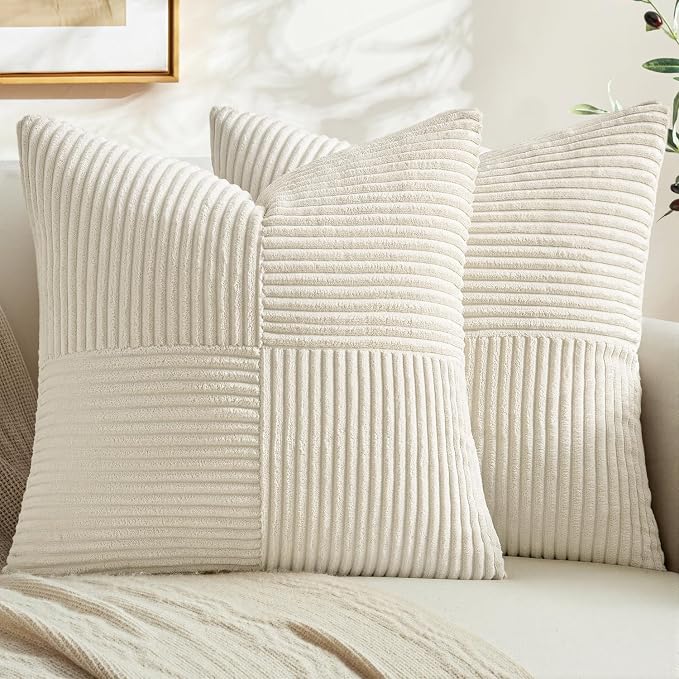 MIULEE Cream White Decorative Throw Pillow Covers for Couch 16x16 Inch | 2 Pack, Beige Neutral Boho Farmhouse Pillow Covers, Soft Cross Corduroy Patchwork Textured Cushion Cases For Bed Sofa