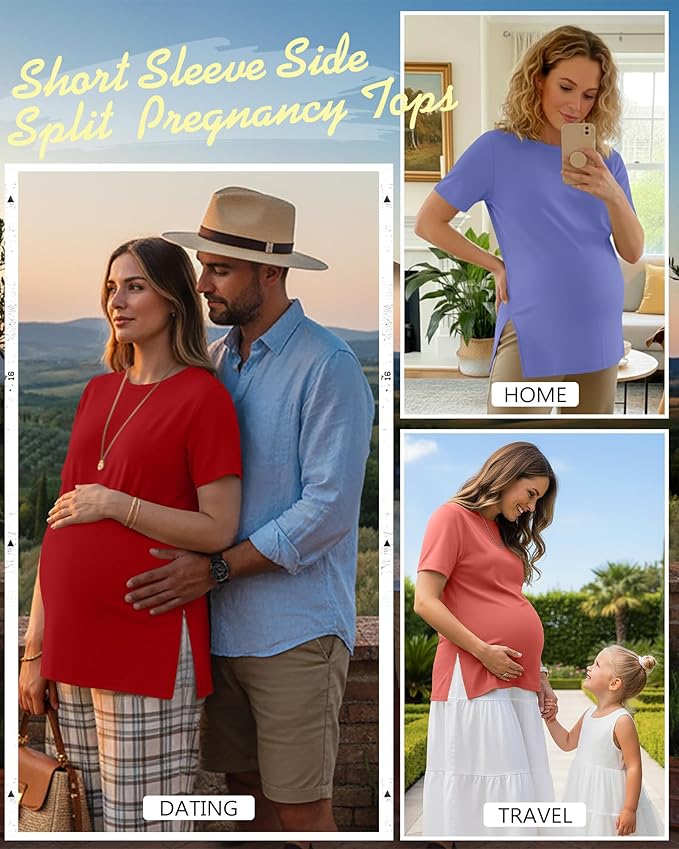 Ficerd 3 Pack Women's Maternity T Shirts, Short Sleeve Side Split Pregnancy Tops Casual Crew Neck Pregnant Tees Mama Clothes