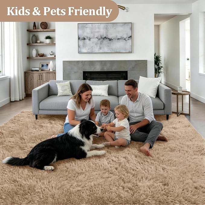 Fluffy Area Rugs 9x12 Living Room Bedroom: Ultra Soft Shag Rug Upgrade Non-Slip Non-Shedding Large Fuzzy Plush Carpet Indoor Floor Carpets for Kids Room Playroom Nursery Dorms Home Decor Beige