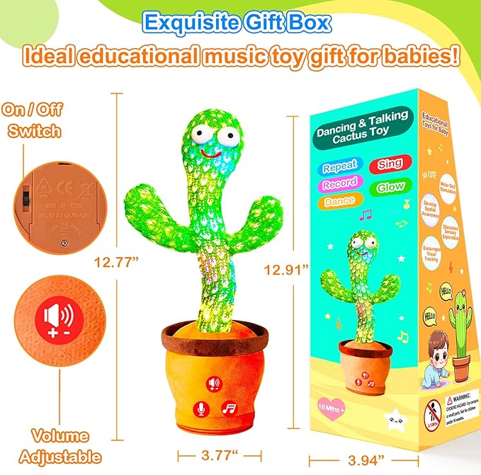 Baby Toys Interactive, Dancing Talking Cactus Toy Volume Adjustable, Mimicking Singing Repeating, Kids Toddler Infant Baby Toys Gifts for Boys Girls, Valentine's Day Gifts for Kids Baby Todder